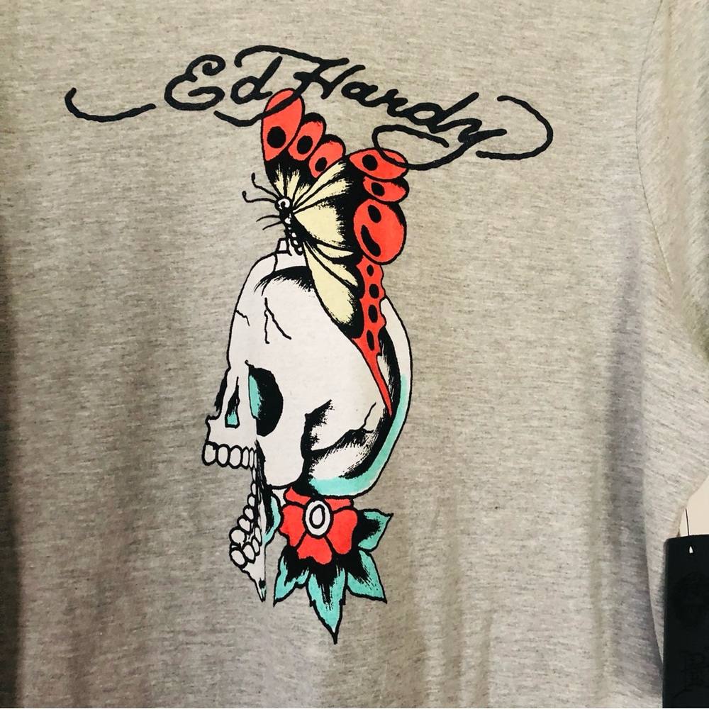 T Shirt Scull Print Size  1X  Gray Butterfly Orange - Picture 5 of 5